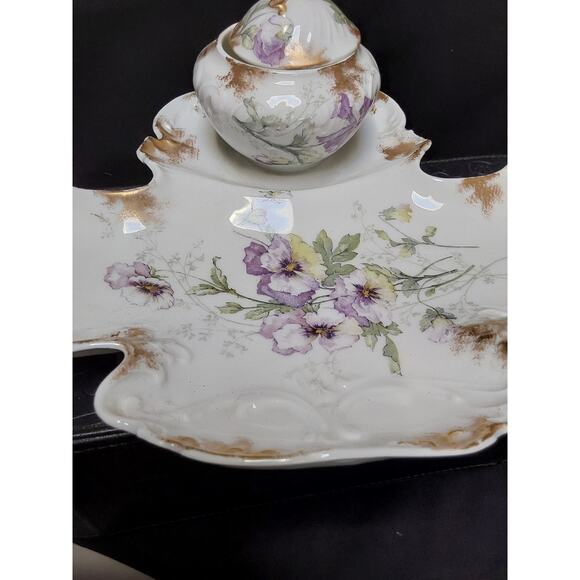 D& C Limoges Delinieves & Cie French Dresser Tray Purple Pansies porcelain Gold - Picture 3 of 8